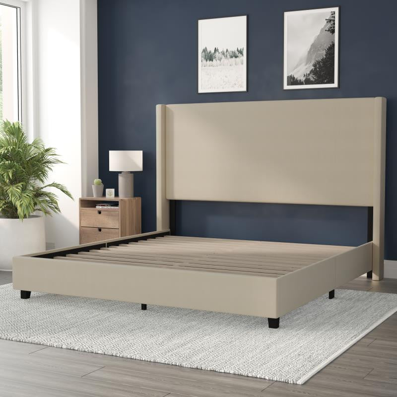 Quinn Upholstered Platform Bed with Channel Stitched Wingback Headboard, Beige, King