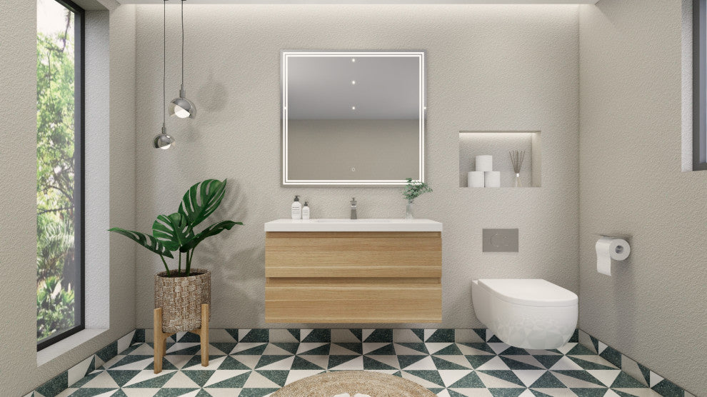 Belli 42" Wall Mounted Single Bathroom Vanity Set, White Oak, Glossy White Top