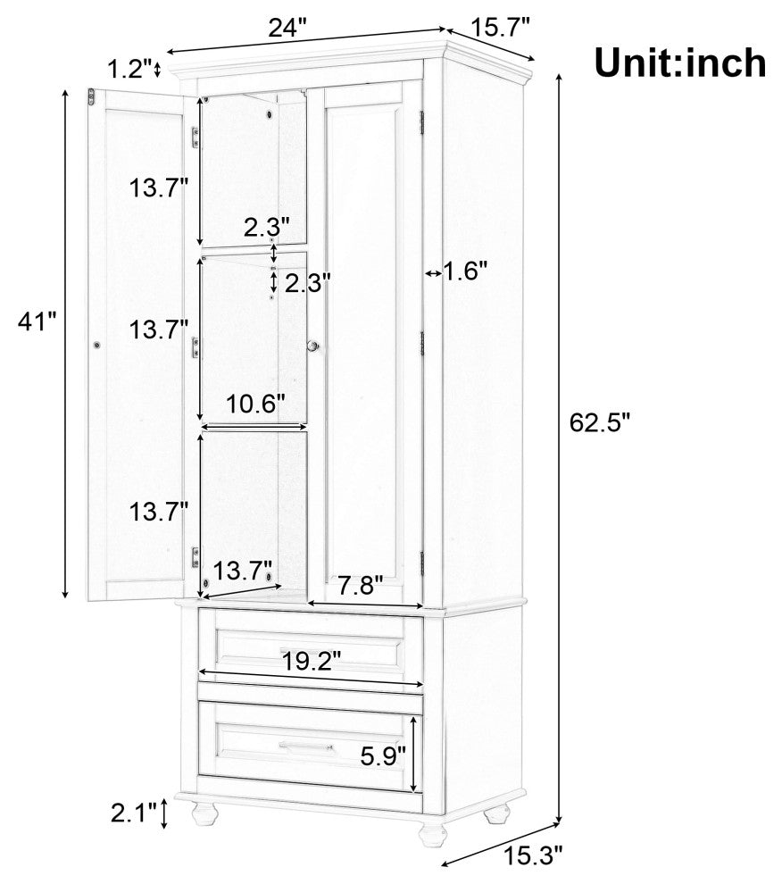 70" Wood 2-door Bath Cabinet, Adjustable Shelves, White