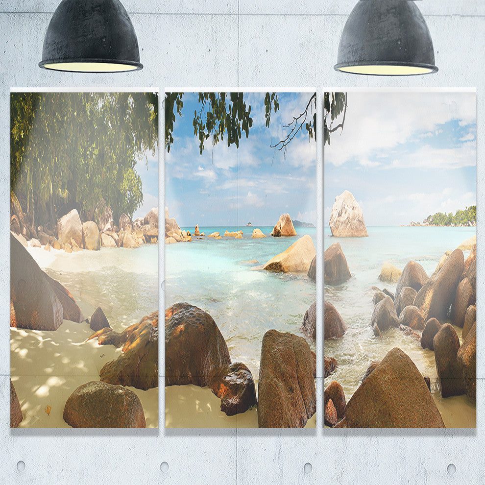 "Tropical Rocky Beach Panorama" Metal Wall Landscape, 3 Panels, 36"x28"