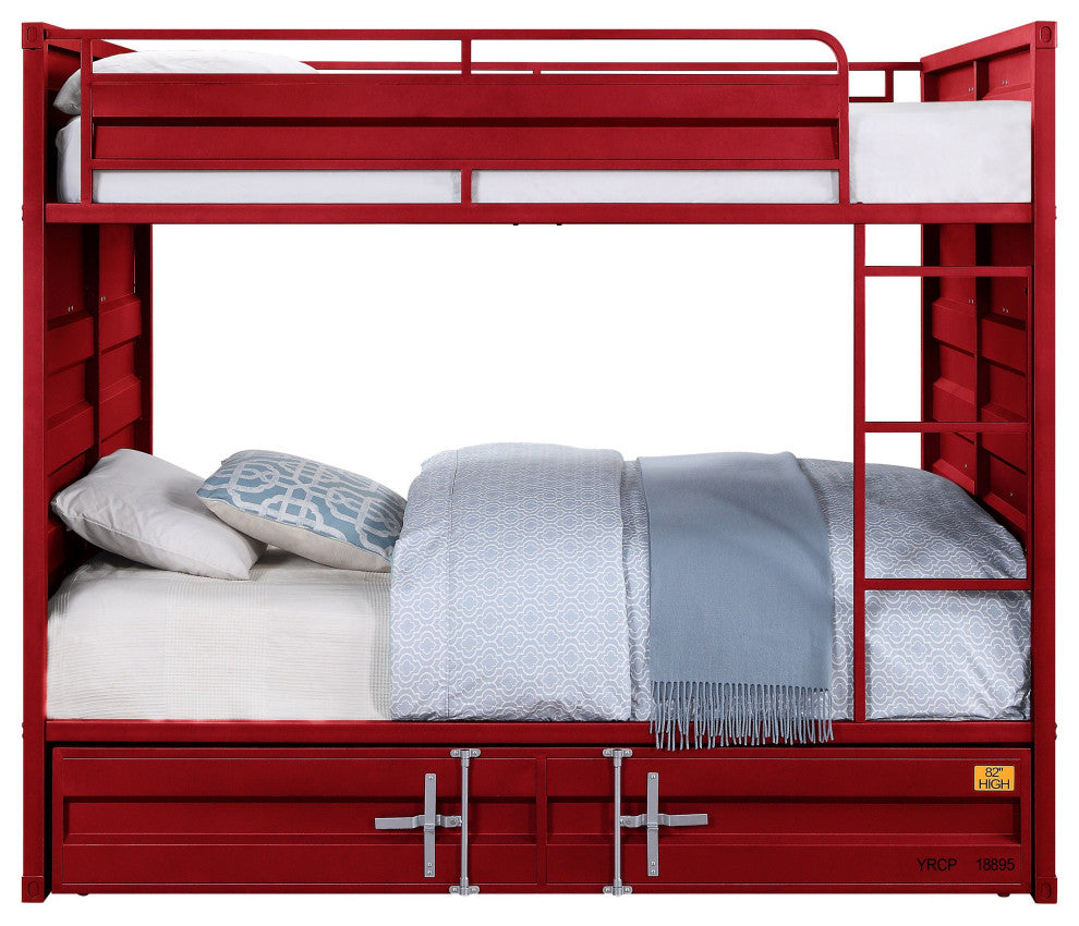 Benzara BM214909 Full Size Bunk Bed With Recessed Panel Design, Red