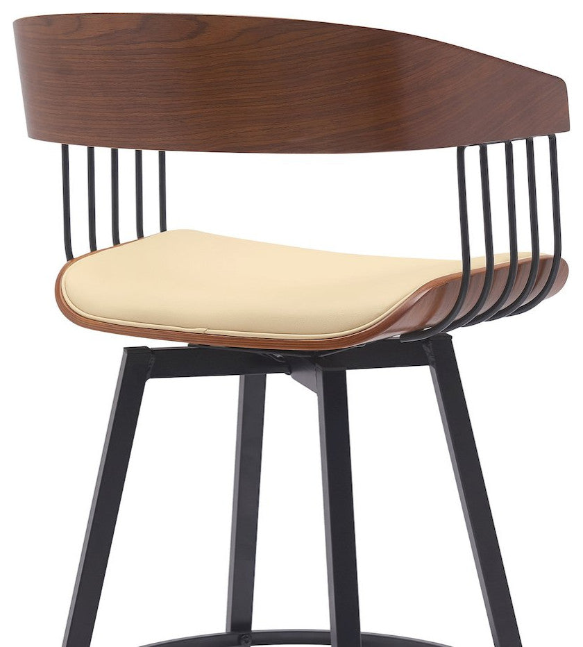 Athena Upholstered Wood Swivel Bar or Counter Stool with Black Metal