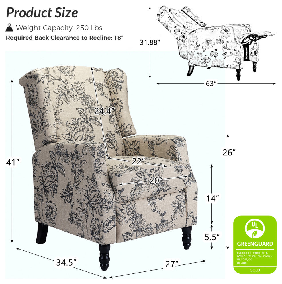Upholstered Manual Recliner With Wingback, Indigo