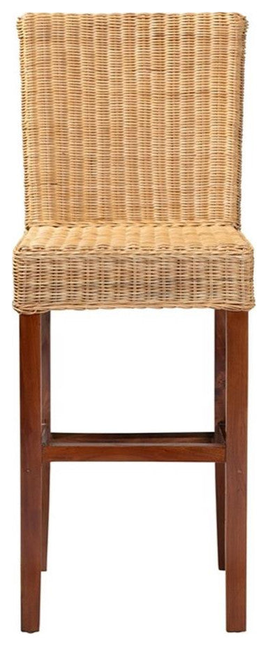 Baxton Studio Racquel Modern Bohemian Natural Rattan and Mahogany Wood Bar Stool