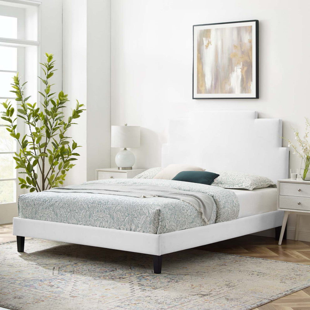 Platform Bed Frame, King Size, Velvet, White, Modern Contemporary, Bedroom