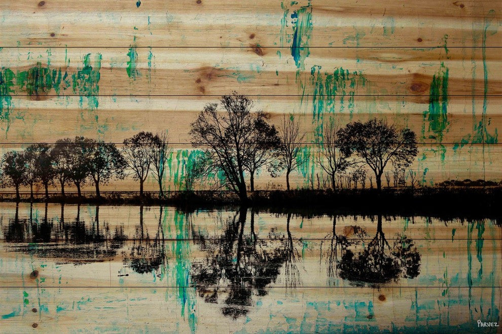 "Trees Reflect Green 2" Painting Print on Natural Pine Wood, 45"x30"