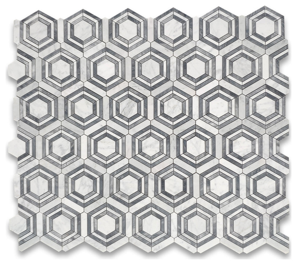 Carrara White Gray Marble Hexagon Georama Geometric Mosaic Tile Honed, 1 sheet