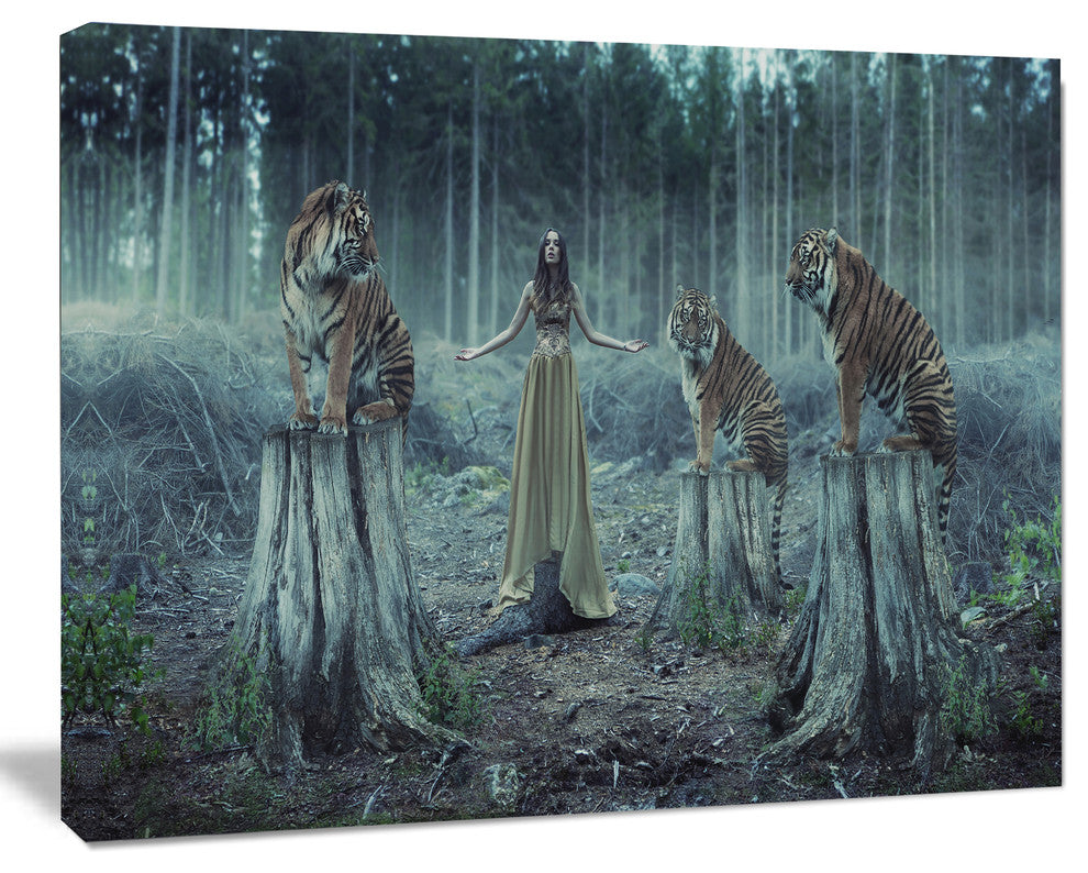 Female Trainers with Tiger, Animal Canvas Art Print, 20"x12"