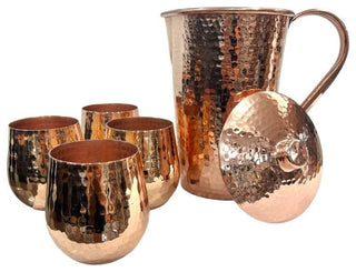 Set of 1 Shiny Copper Pitcher and 4 Tumblers