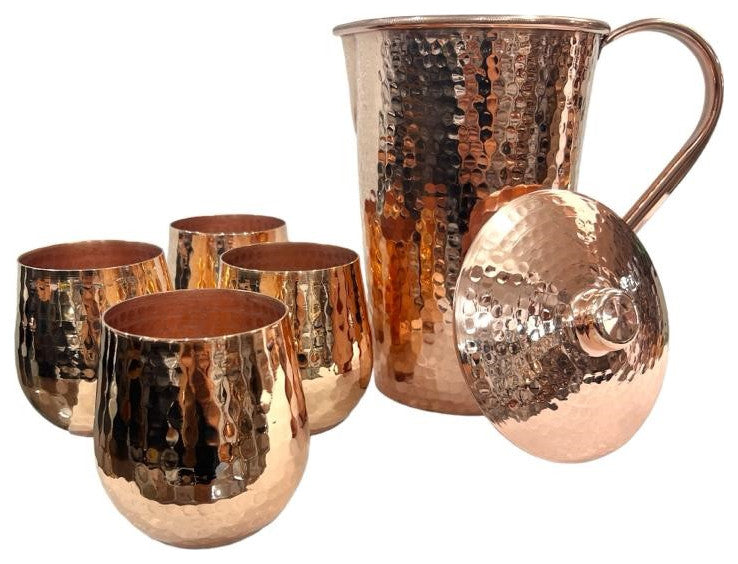 Set of 1 Shiny Copper Pitcher and 4 Tumblers