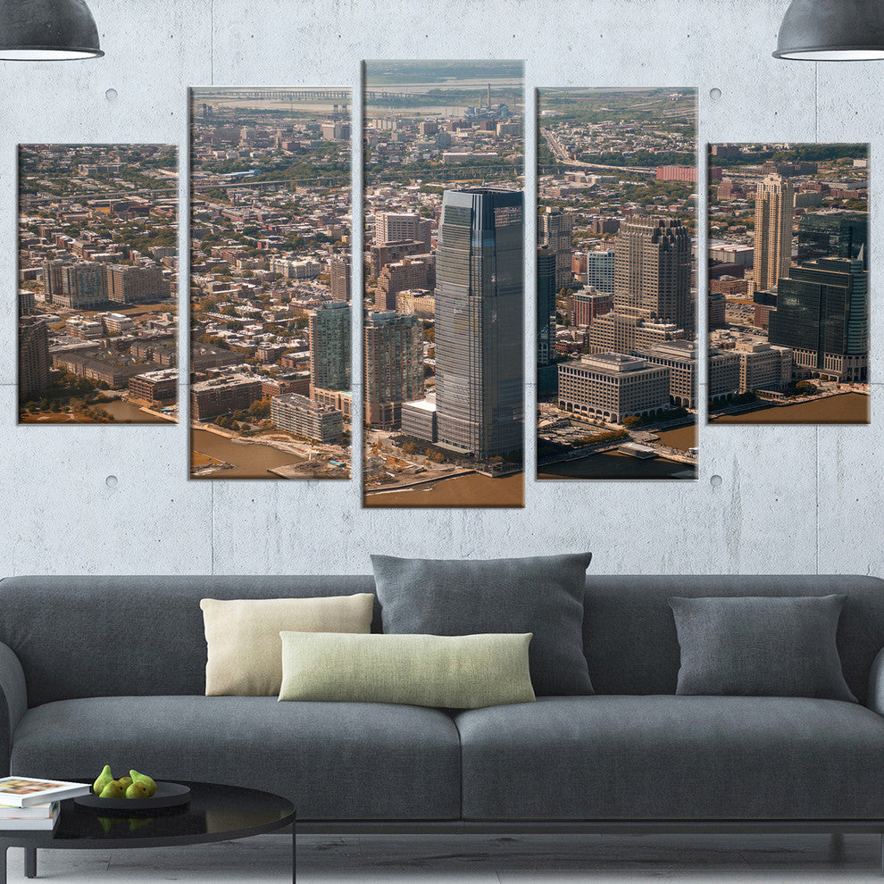 Aerial View of City from Helicopter, Brown, Canvas Art Print, 60"x32", 5 Panels