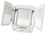 Jerdon JGL10W Euro Tabletop Tri-Fold Two-Sided Lighted Makeup Mirror with 5x Mag