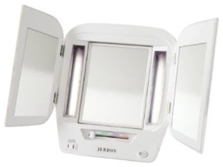 Jerdon JGL10W Euro Tabletop Tri-Fold Two-Sided Lighted Makeup Mirror with 5x Mag