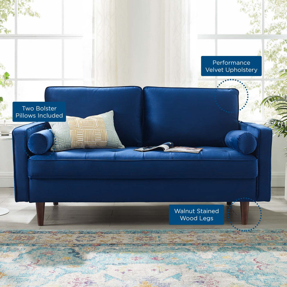 Loveseat Sofa, Velvet, Blue Navy, Modern, Living Lounge Hotel Lobby Hospitality