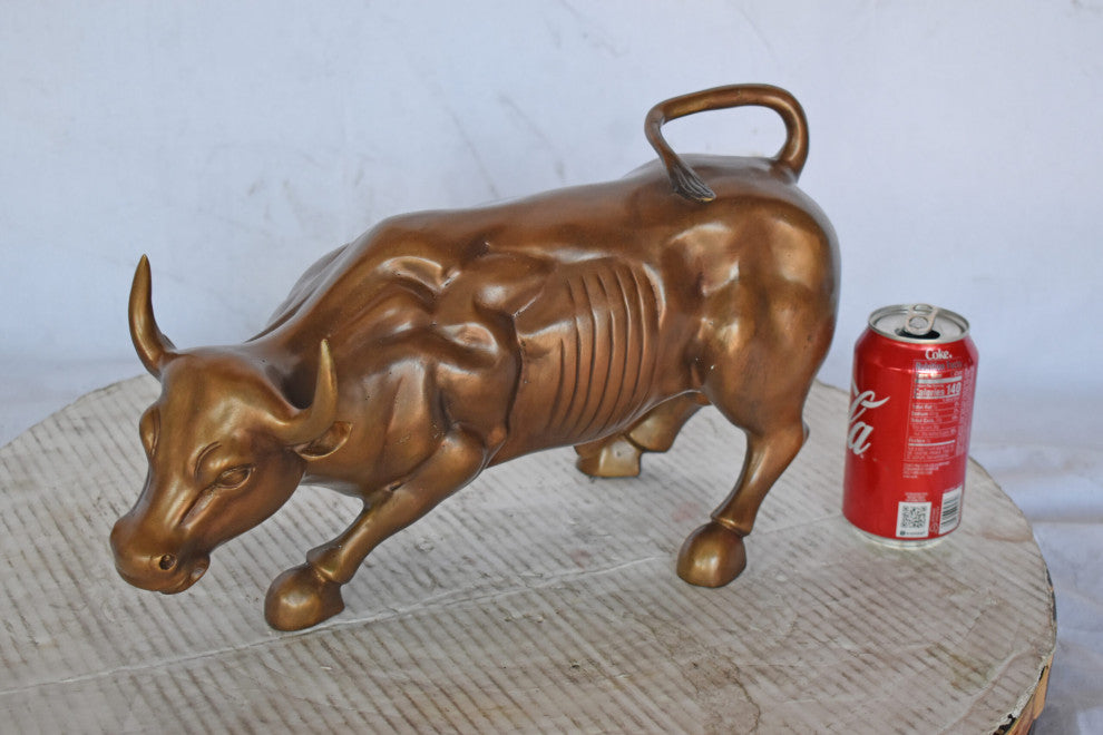 Wall Street Bull replica bronze statue - Size: 15"L x 7"W x 9"H.