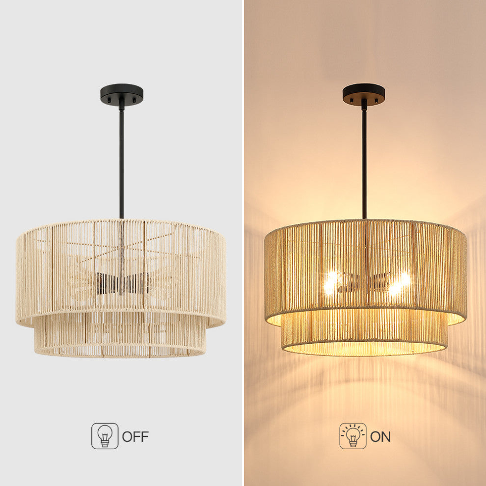 22" W 4-Light Rattan Tiered Drum Chandelier Light With Black Canopy, Beige
