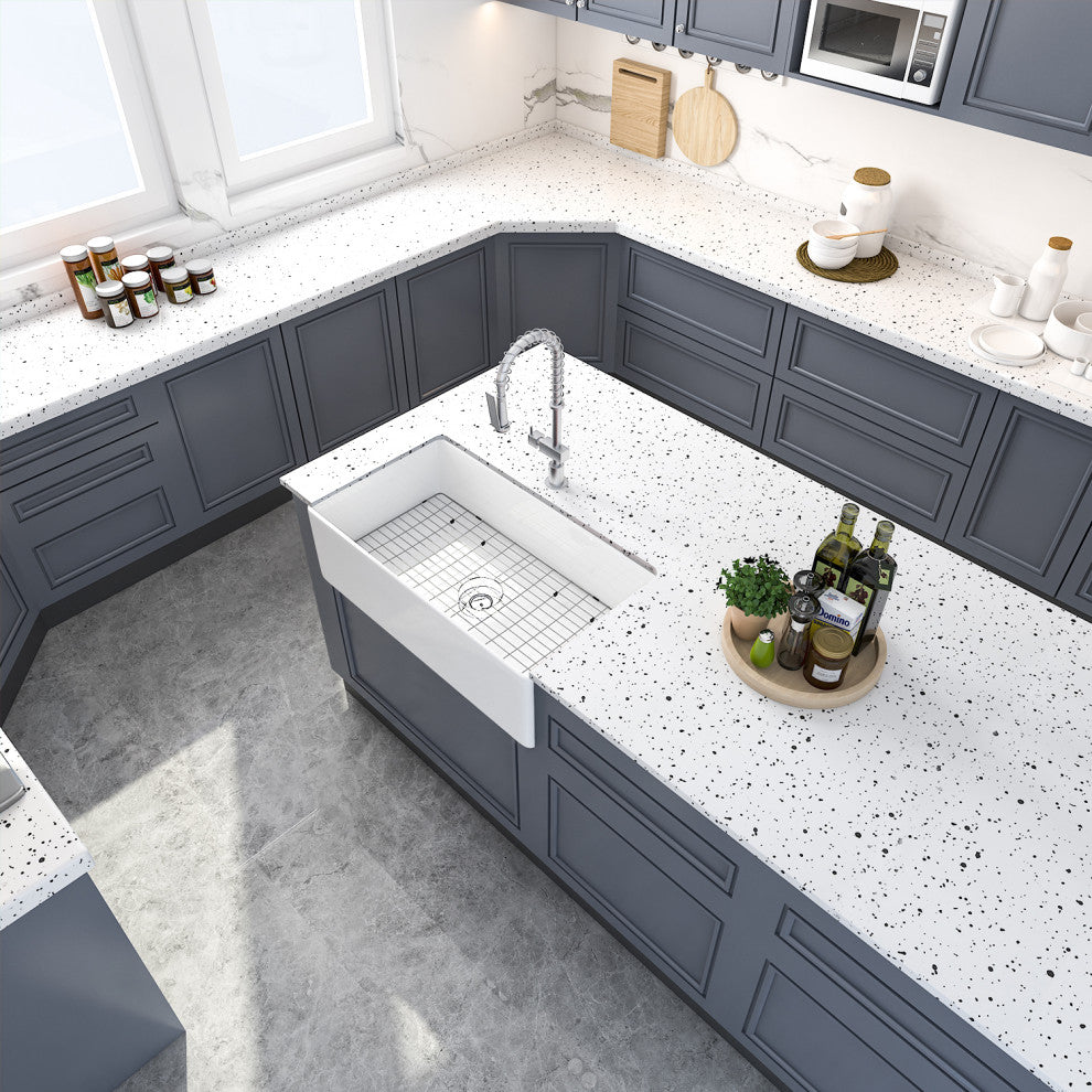 Sinber White Ceramic Double Bowl Apron farmhouse Kitchen Sink With Str, 33"x17"