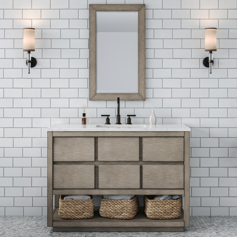 Oakman Marble Top Vanity in Grey Oak with Faucet, 48", Vanity With Orb Faucet