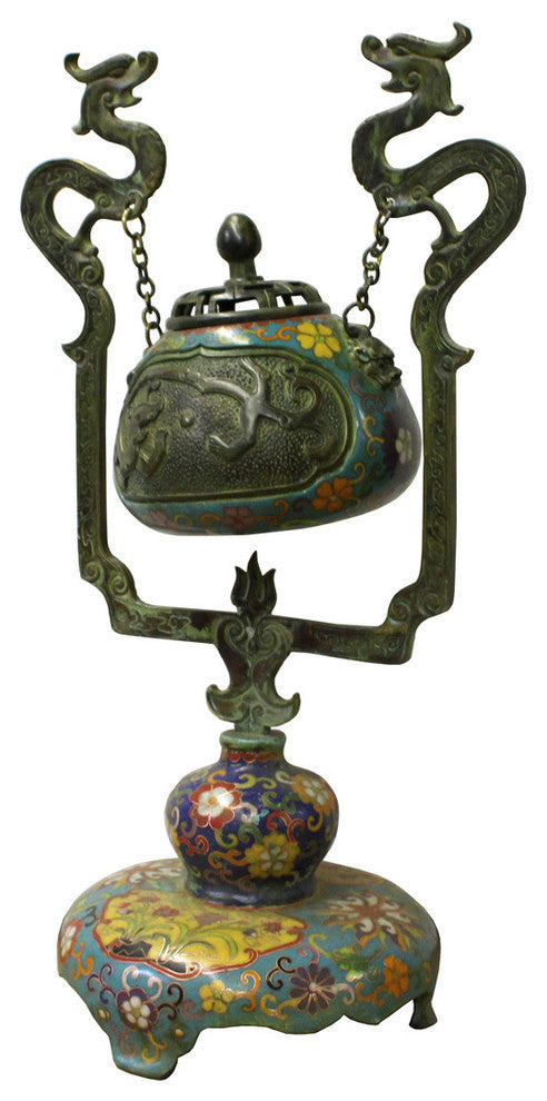 Chinese Metal Blue Enamel Cloisonne Dragon Incense Burner Figure
