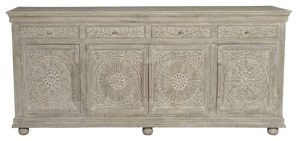 Abigail 4-Drawer 4-Door Floral Carved Wood Sideboard, Limestone Gray