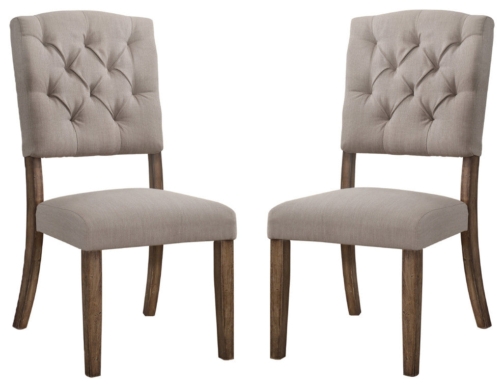 Set of 2 Linen Upholstered Side Chair, Cream/Weathered Oak Finish