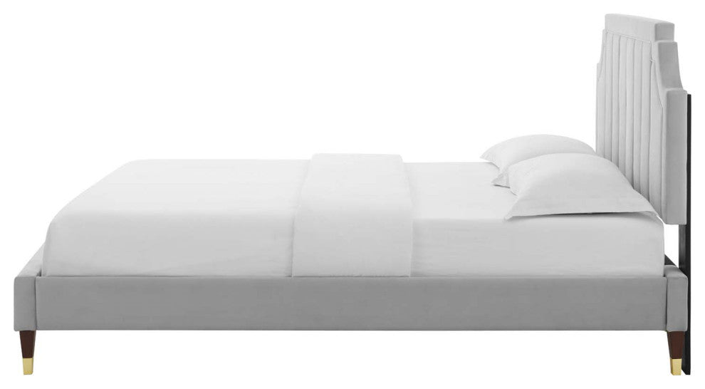 Platform Bed Frame, King Size, Velvet, Light Gray, Modern Contemporary