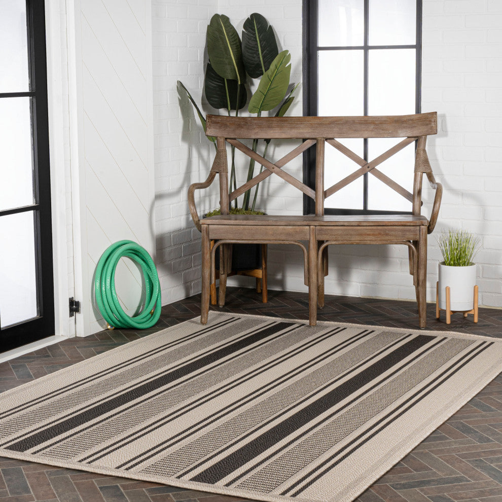Haynes Modern Double Stripe Indoor/Outdoor Area Rug, Black/Beige, 3x5