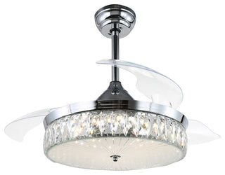 42" Decorative Crystal Drum Ceiling Fan with Light and Remote, Foldable Blade, Chrome, Neutral White (4000k)