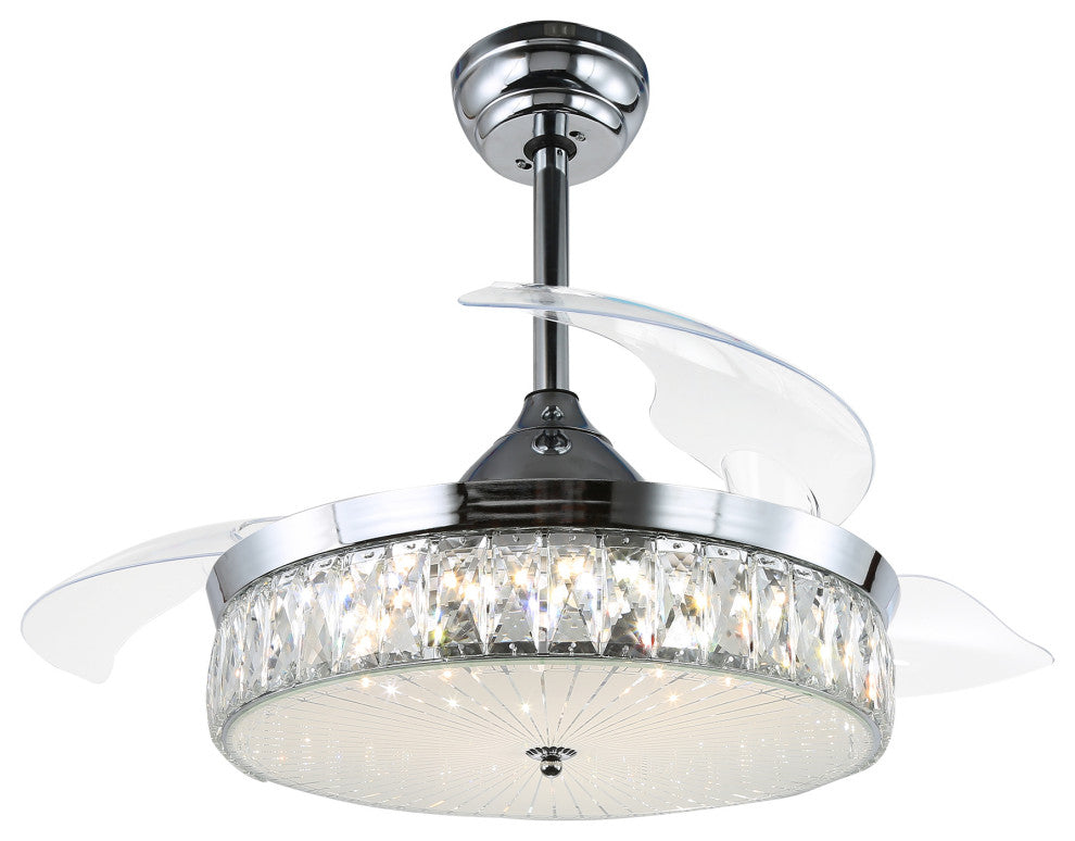 42" Decorative Crystal Drum Ceiling Fan with Light and Remote, Foldable Blade, Chrome, Neutral White (4000k)