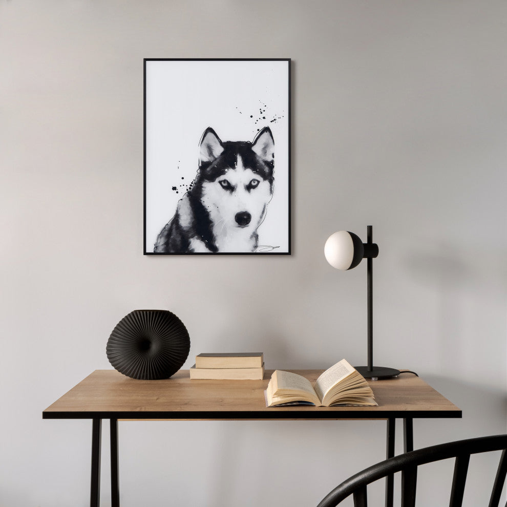 "Siberian Husky" Black and White Pet Art on Printed Glass with Anodized Frame