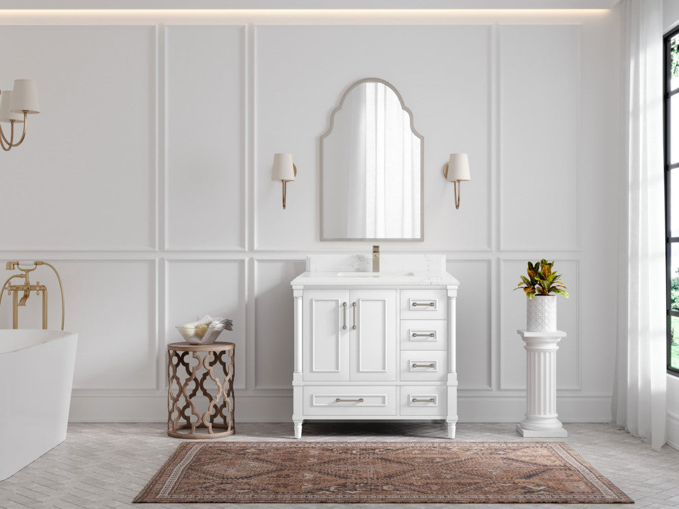 Aberdeen 36 Center Sink Bath Vanity in White 1.5" Empira Quartz