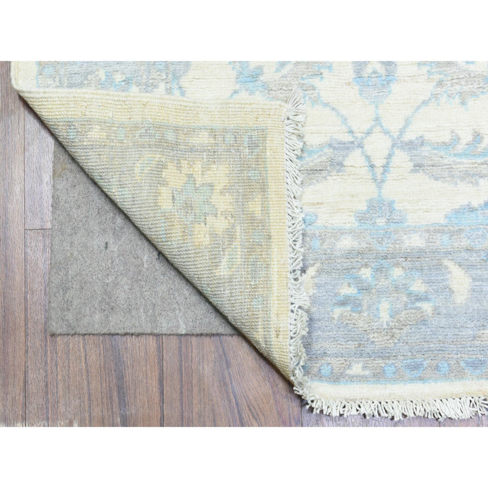 Ivory, Velvety Wool Hand Knotted, White Wash Peshawar Runner Rug, 2'8"x14'4"