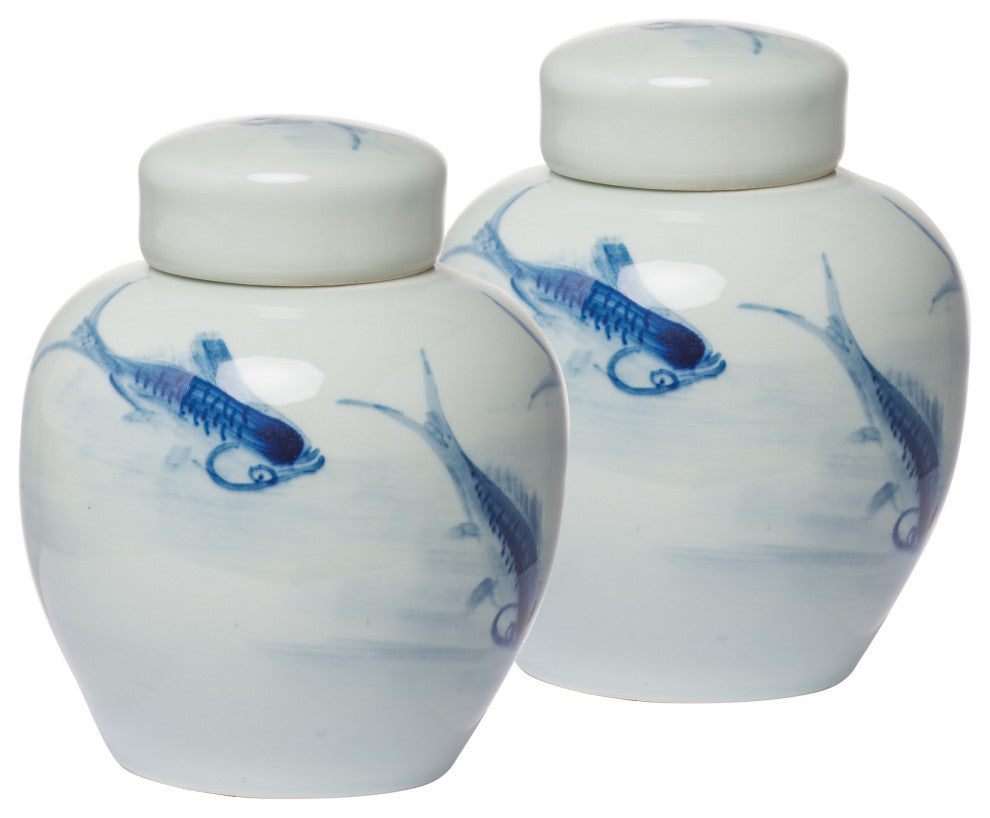 Benzara BM286405 8" Lidded Ginger Jar, Painted Koi Fish, White Blue 2-Piece Set