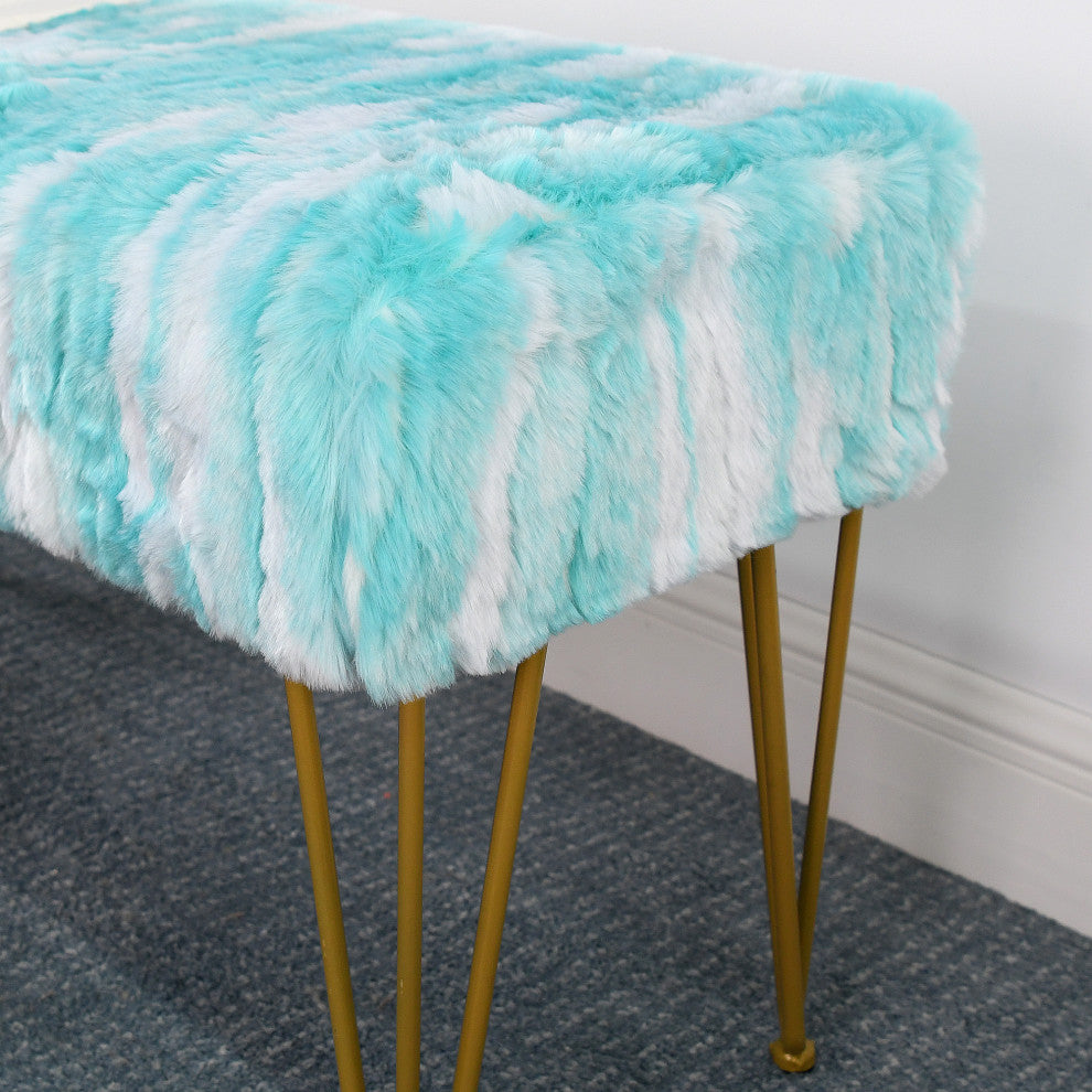 Soft Faux Fur Ottoman Fuzzy Entryway Bench Seat, Blue, 46"x16"x22"
