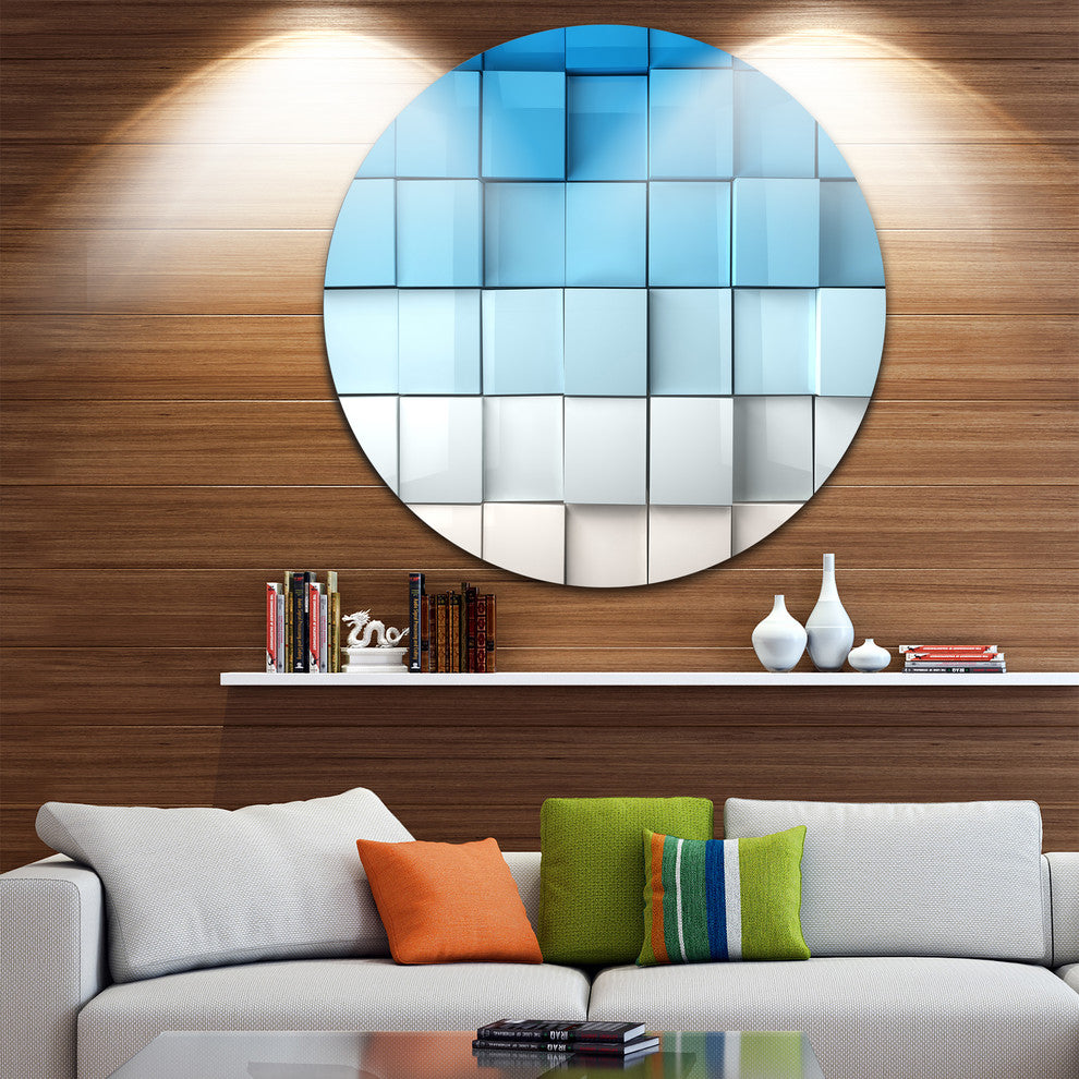 Blue And White Mosaic Cubes, Contemporary Round Wall Art, 11"