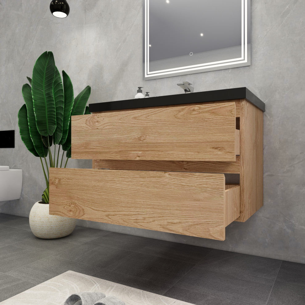 Belli 36" Wall Mounted Single Bathroom Vanity Set, England Oak, Matt Black Top