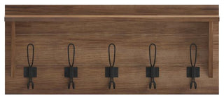 Daly Wall Mounted Solid Pine Wood Storage Rack With Upper Shelf and 5 Hooks, Weathered Brown