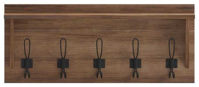 Daly Wall Mounted Solid Pine Wood Storage Rack With Upper Shelf and 5 Hooks, Weathered Brown
