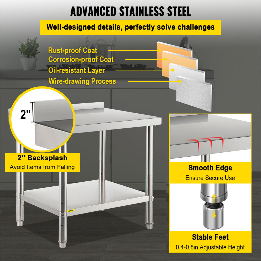 Stainless Steel Prep Table Heavy Duty Metal Worktable w/ Backsplash Undershelf, 36x24x35 Inch