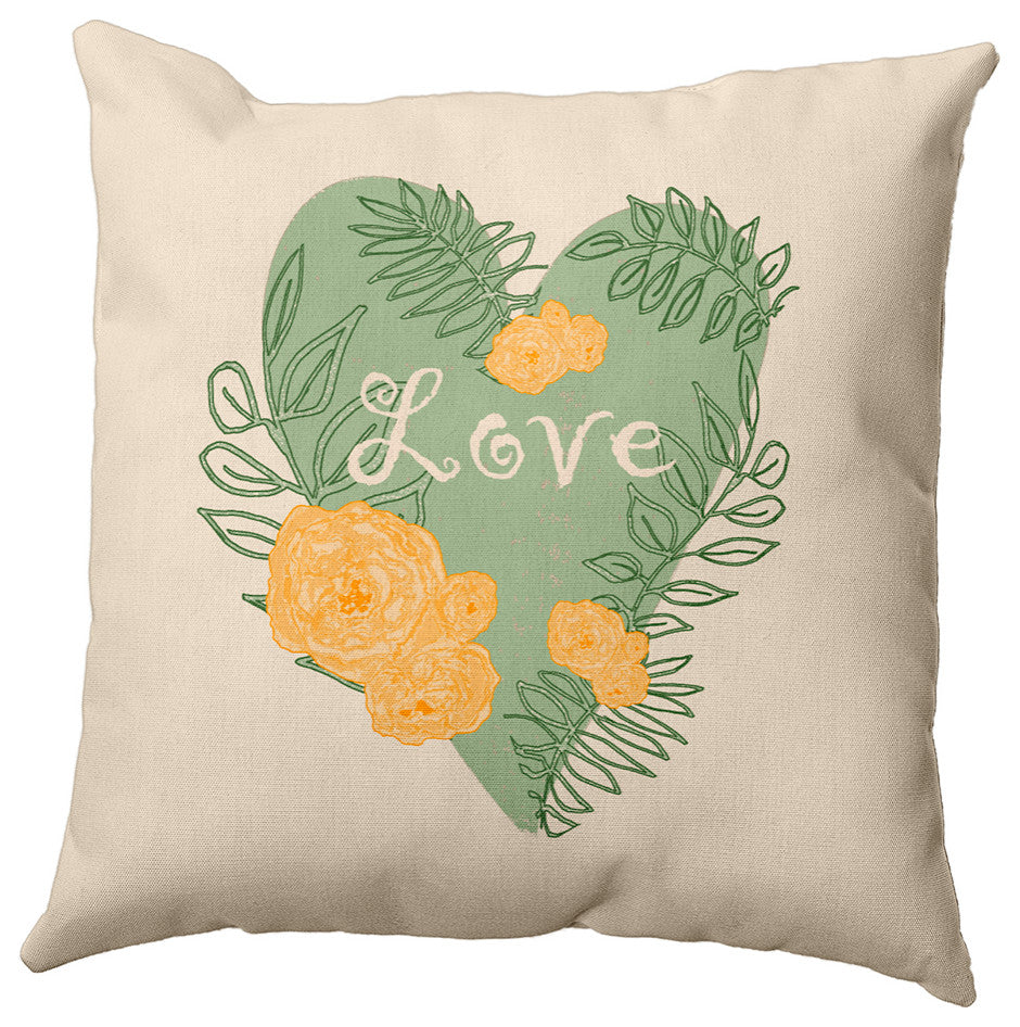 Love And Roses Decorative Throw Pillow, Fresh Green, 16"x16"