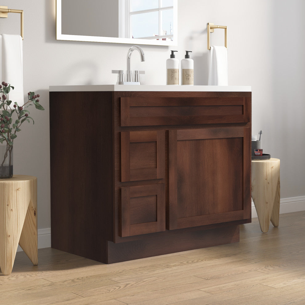 Vanity Art Vanity Base Cabinet, No Top, Drawers on Left, 36", Brown