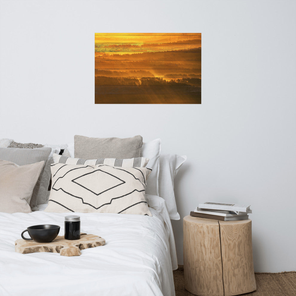Faux Wood Golden Mist Valley - Hills & Mountain Range Wall Art Prints, 24" X 36"