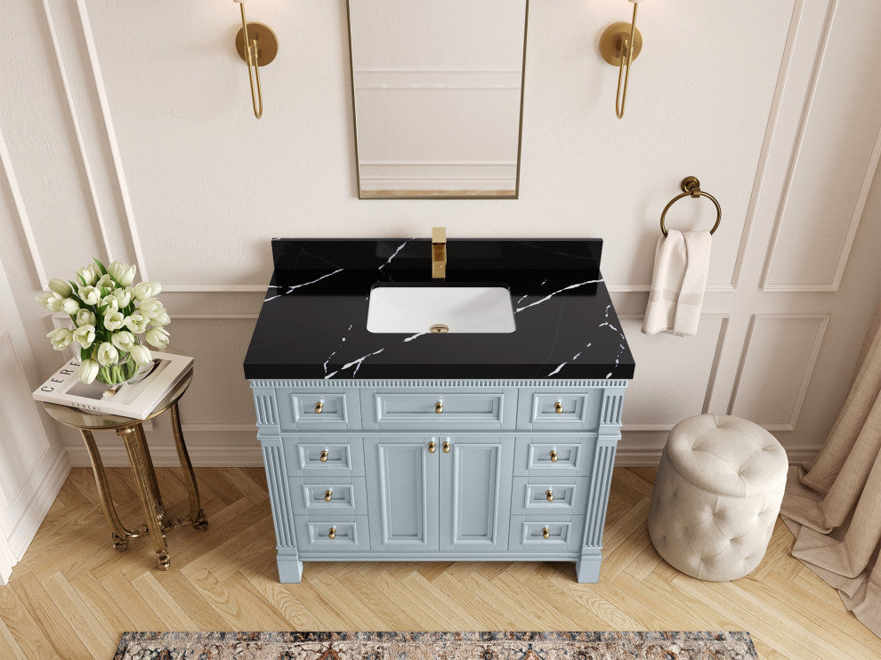 Paris 42" Single Sink Bathroom Vanity, Blue Heather 2" Calacatta Black