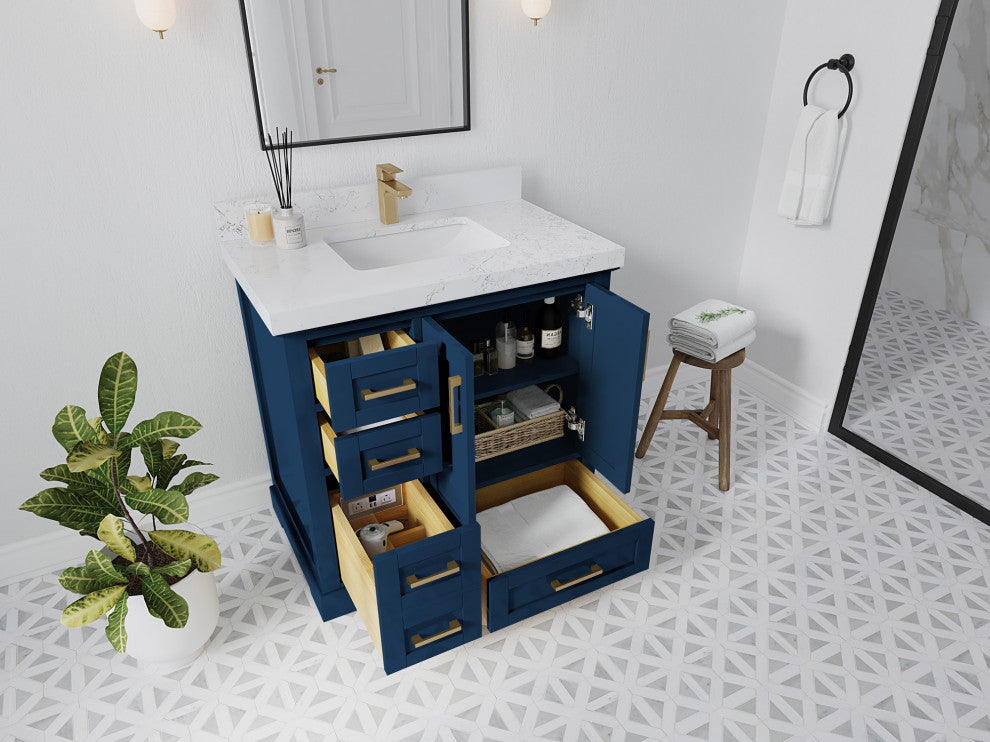 Boston 36 Center Sink Bath Vanity in Navy Blue 2" Venatino Quartz