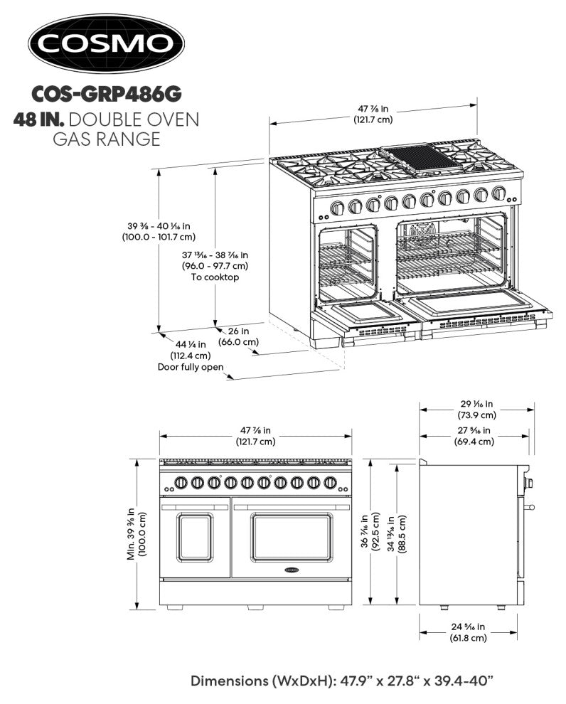Cosmo 48 in. 5.5 cu. ft. Double Oven Gas Range with 8 Burners in Stainless Steel
