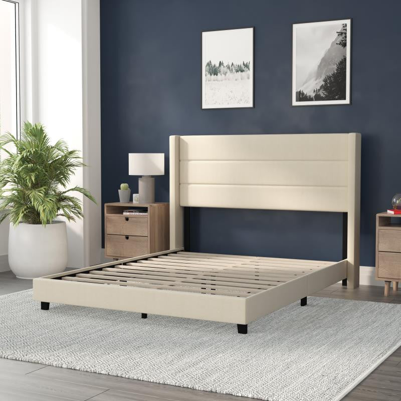 Hollis Upholstered Platform Bed with Wingback Headboard w/Mattress Foundation, Beige, Queen