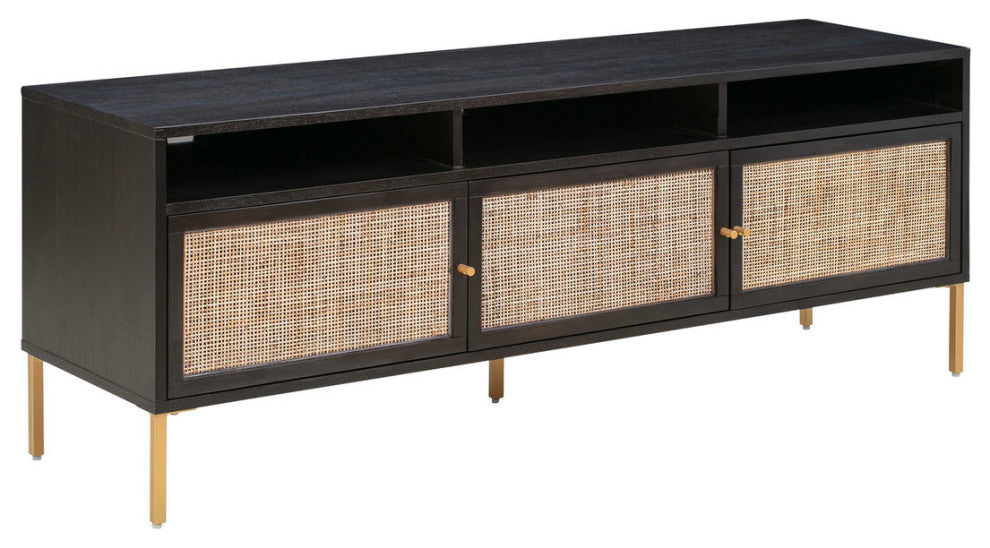 Cane TV Stand, Wood Wicker Modern Media Storage Console, Black