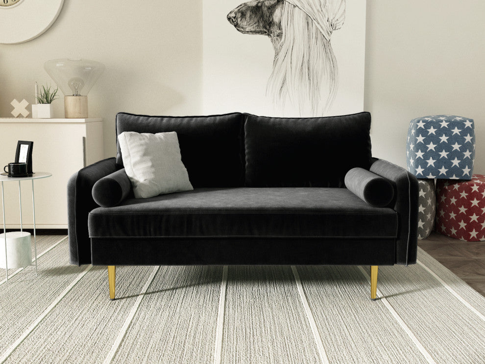 The Audrey I Velvet Round Arm Loveseat, Charcoal Black