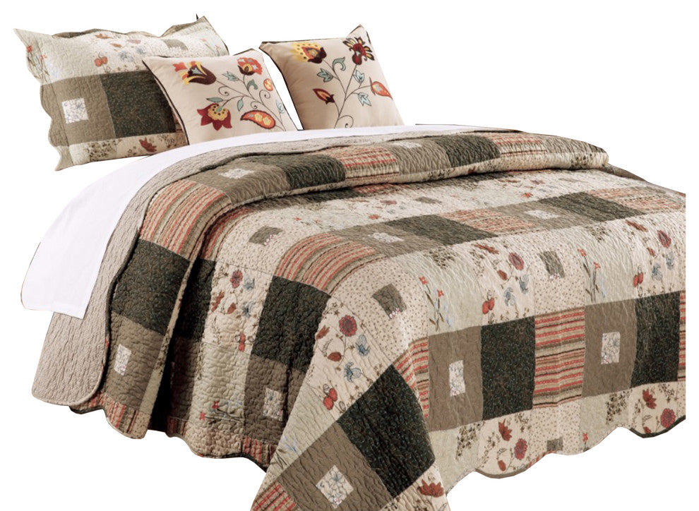 Benzara BM102056 4 Piece Twin Quilt Set, Floral Print/Scalloped Edges, Brown
