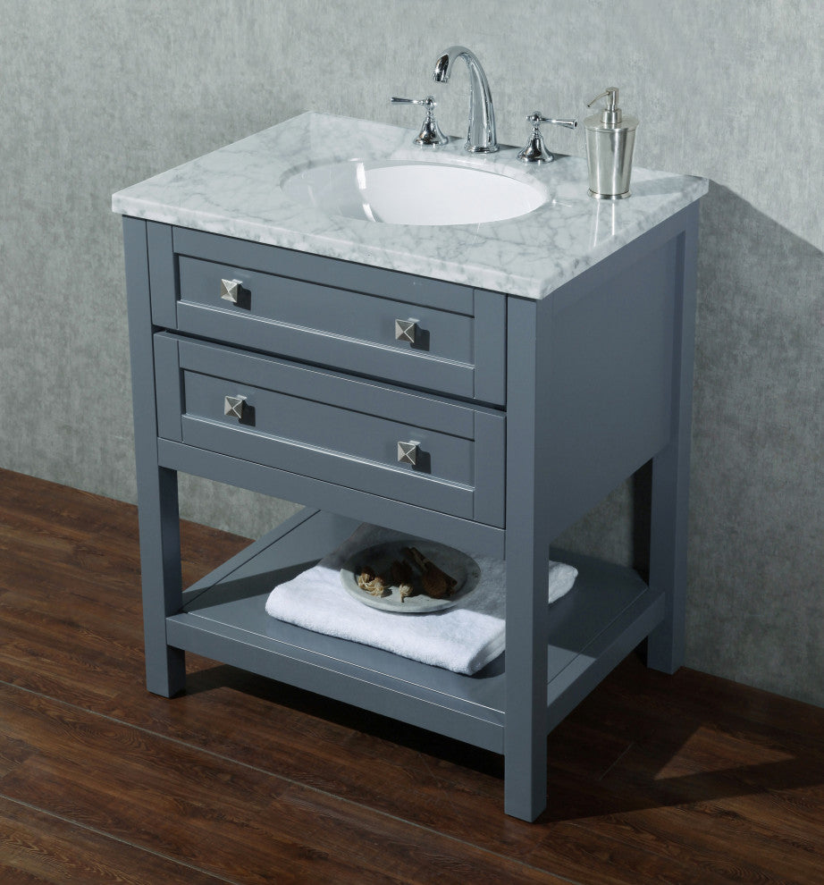 30" W Single Freestanding Bath Vanity, Gray With White Carrara Marble Top